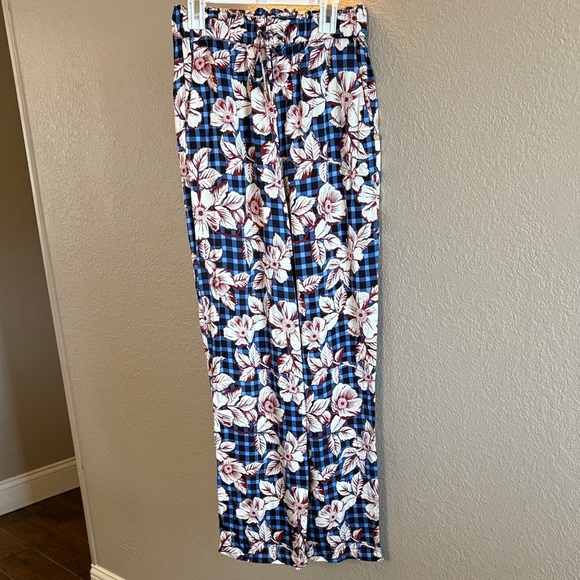 Anthropologie Scotch & Soda pull on Wide-Leg floral blue plaid Pants/ size S - Picture 3 of 12